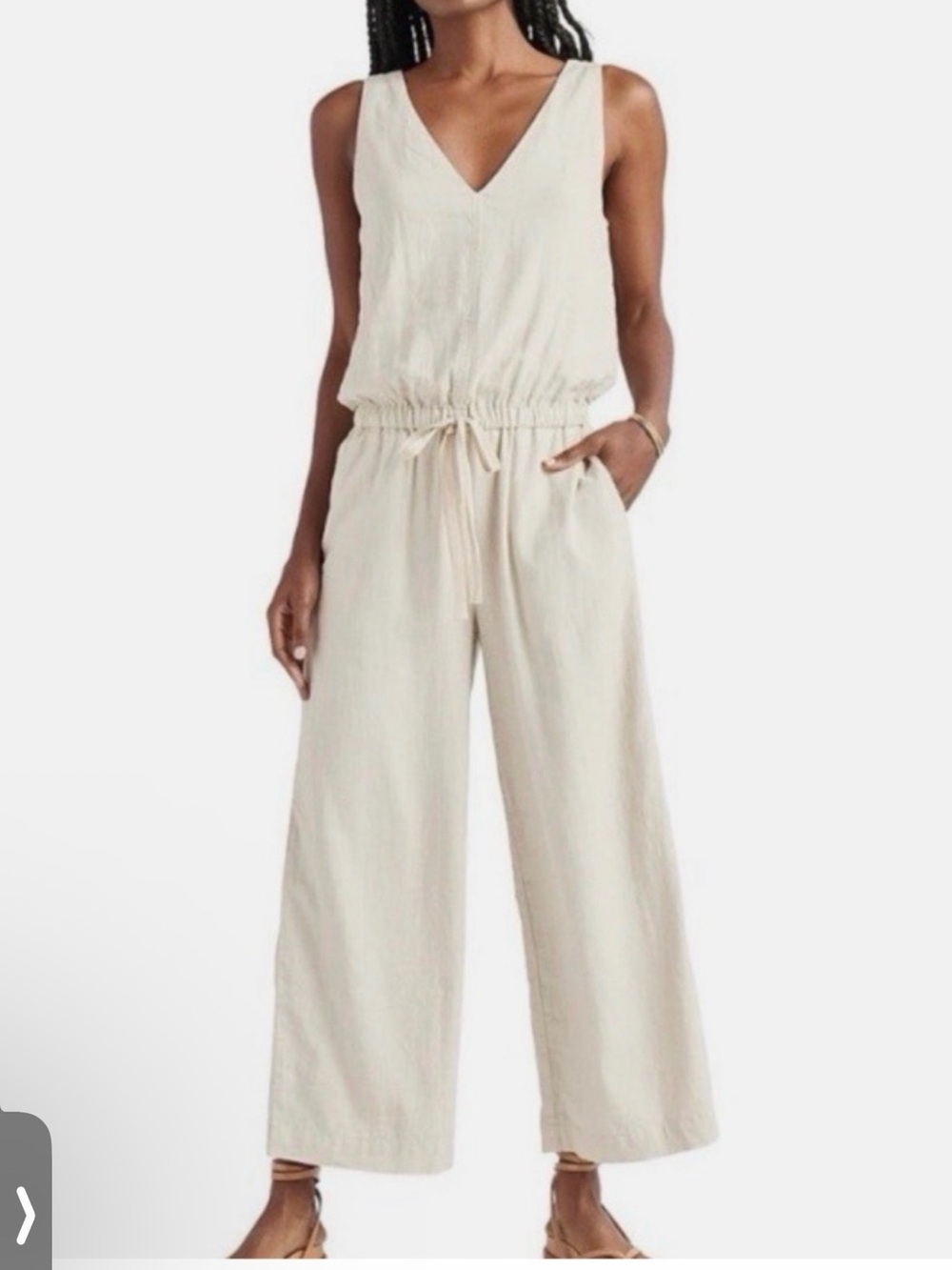 Splendid Cream V-Neck Drawstring Wide-Leg Jumpsuit